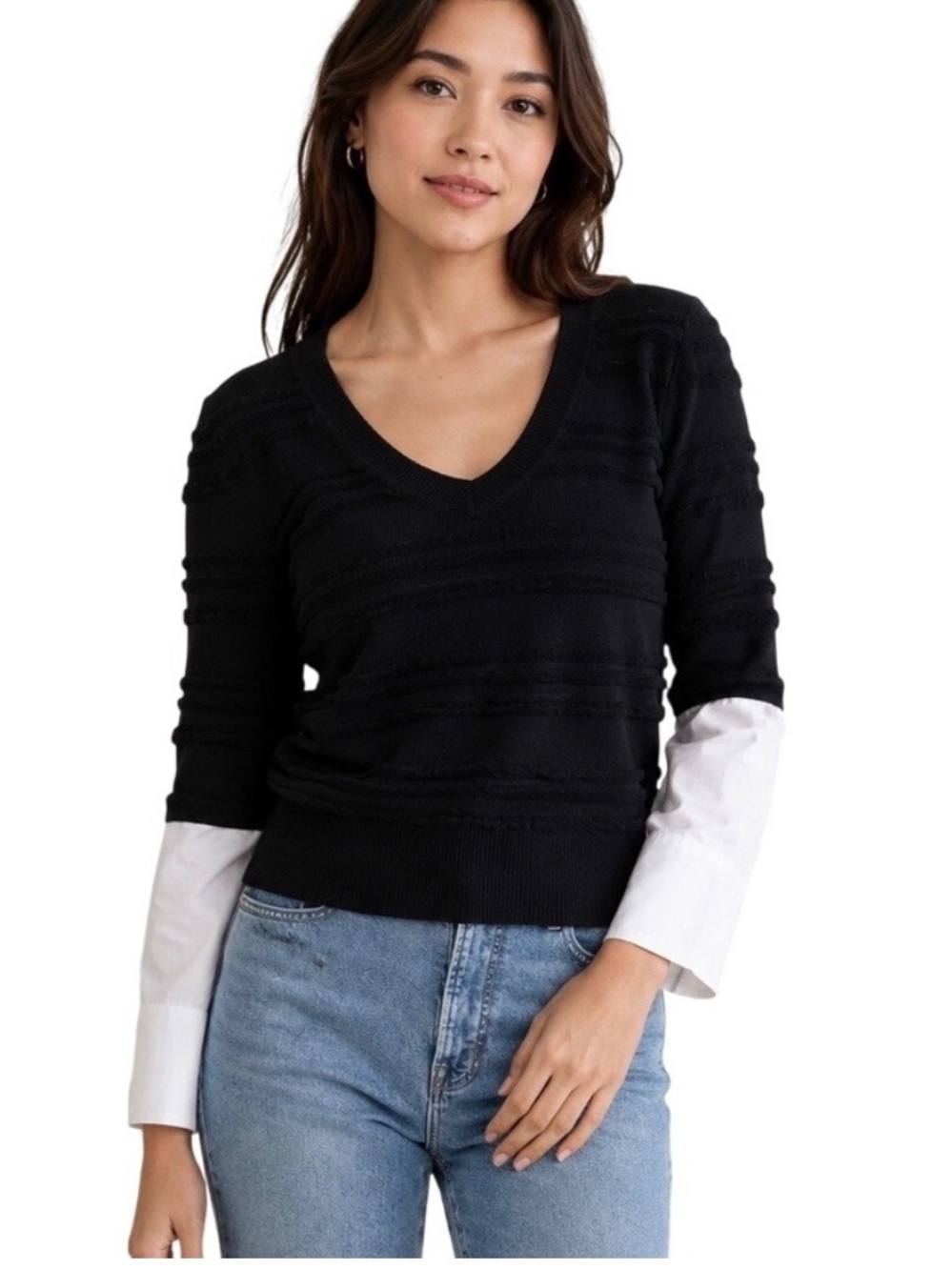 Veronica Beard Juni Sweater Merino Wool Cotton Mixed Media Black White Sz M